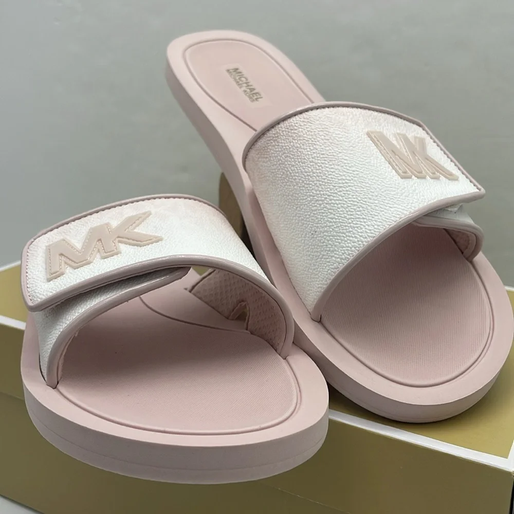 Michael Kors Slide Logo Sandals Palmer Ombré Signature Powder Blush Multi  NWT